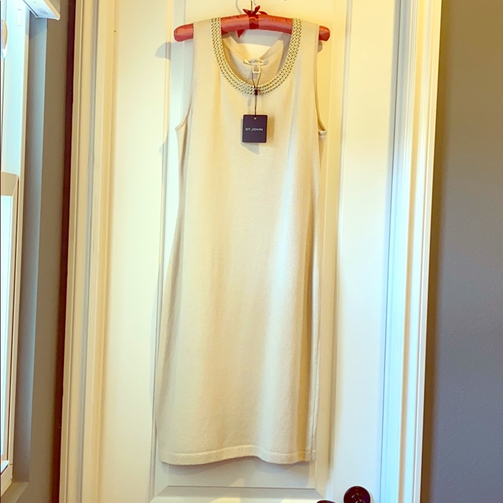 St. John cream dress w/ gold beaded trim neckline